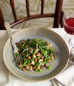 Porcini gnocchi with salsify, peas, asparagus and baby spinach