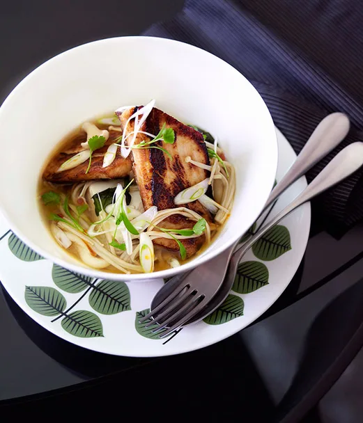 Miso-caramelised kingfish with soba noodles, miso broth and enoki mushrooms