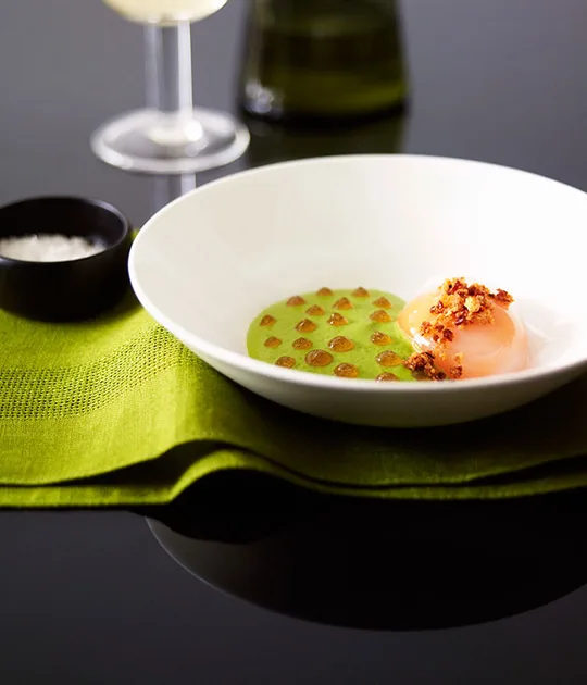 Smoked Duck Egg with Jamón Ibérico and Pea Mousseline