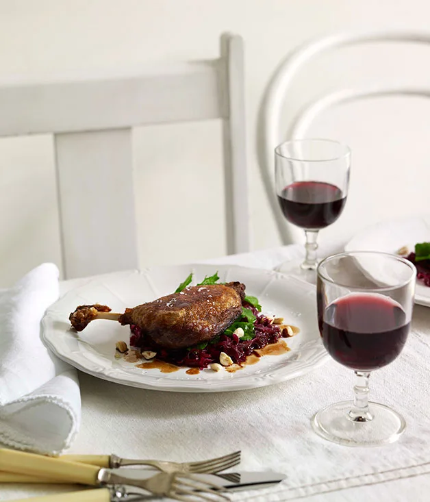 Slow-cooked duck, braised red cabbage and hazelnuts