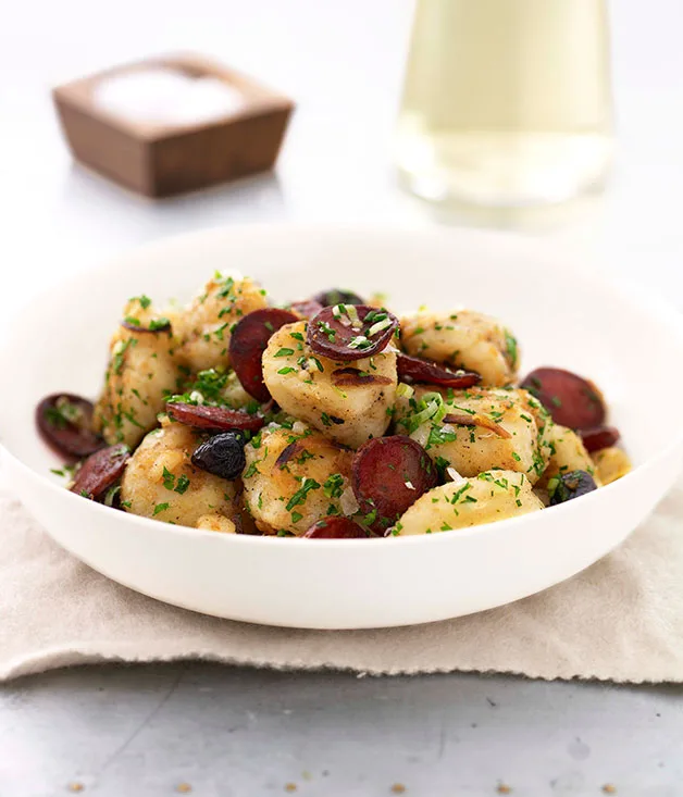 Crushed potato with chorizo, olives and preserved lemon