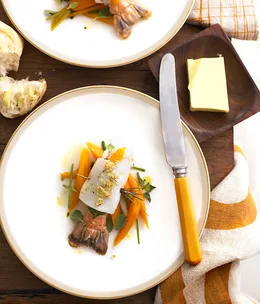 Scampi wrapped in calamari with carrot and orange salad