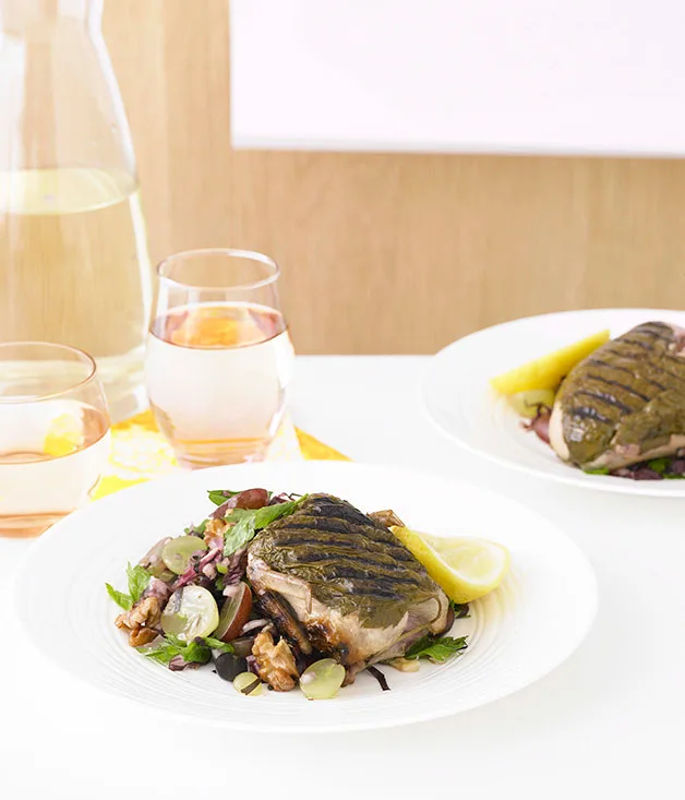 Vine leaf-wrapped quail, grape and walnut salad