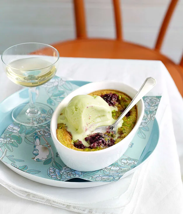 Blackberry and pistachio clafoutis with pistachio ice-cream