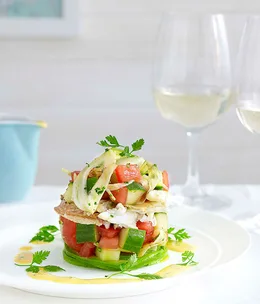 Tian of crab, tomato, fennel and cucumber with shellfish sauce