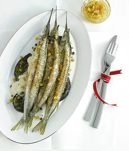 Pan-fried garfish with eggplant tonnato and caramelised lemon dressing