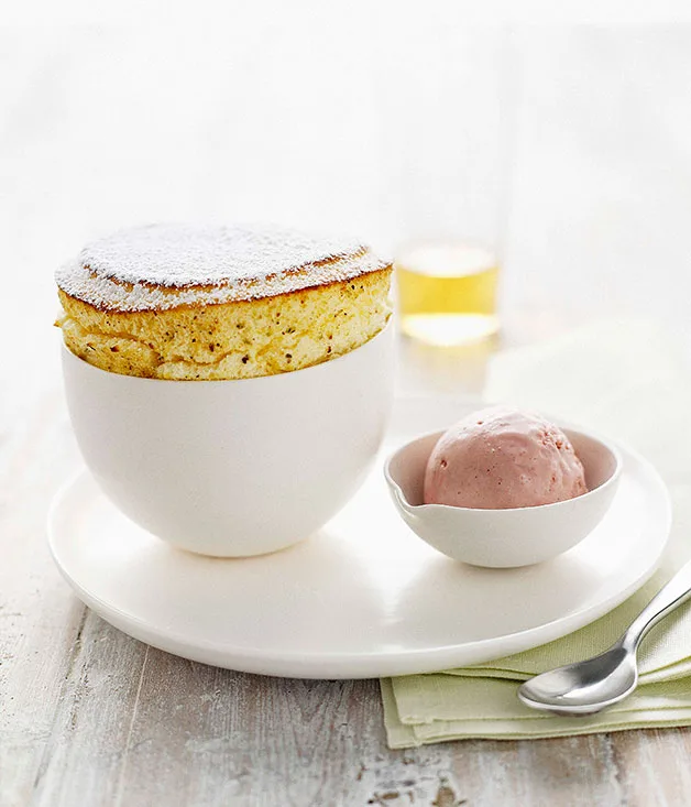 Lime souffle with raspberry ice-cream