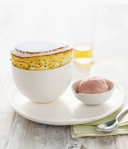 Lime souffle with raspberry ice-cream