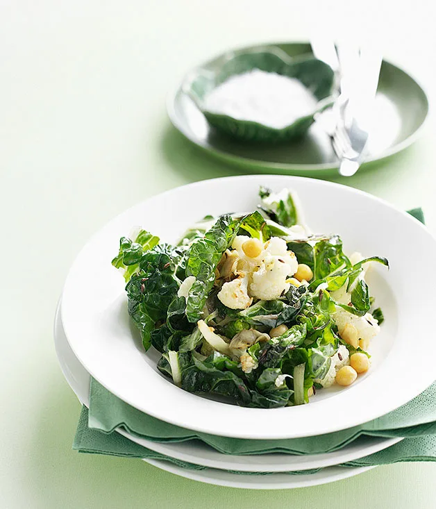 Fried cauliflower, chickpea and silverbeet salad