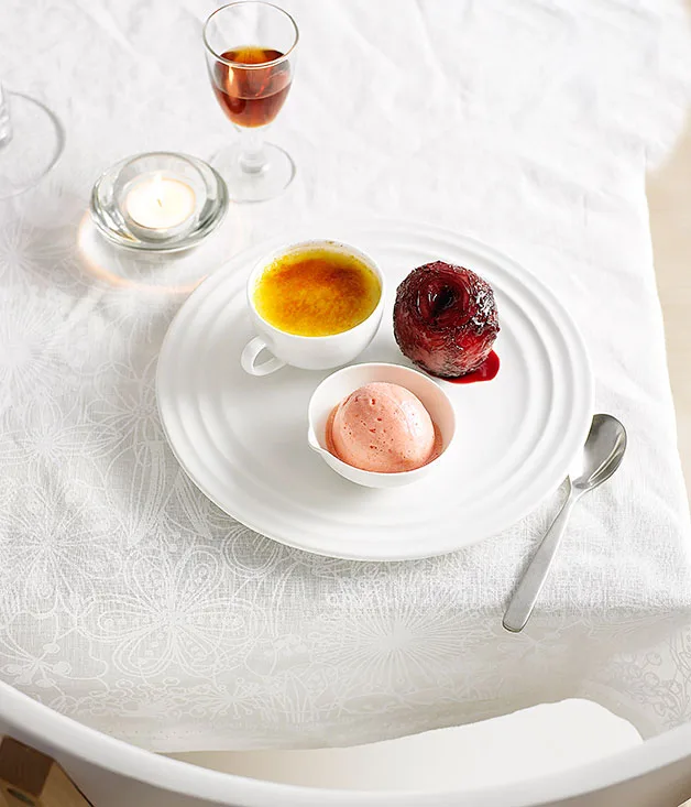 Muscat crème brûlée with poached plums and plum sorbet