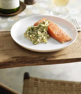Slow-cooked ocean trout with Israeli couscous, zucchini, chilli and bottarga