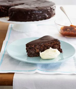 Chocolate fig and hazelnut fudge cake with candied oranges
