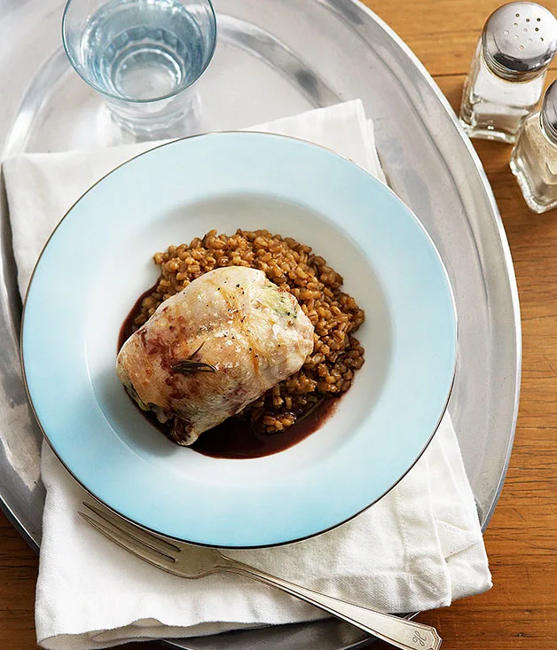 Rabbit with pearl barley risotto and rosemary jus