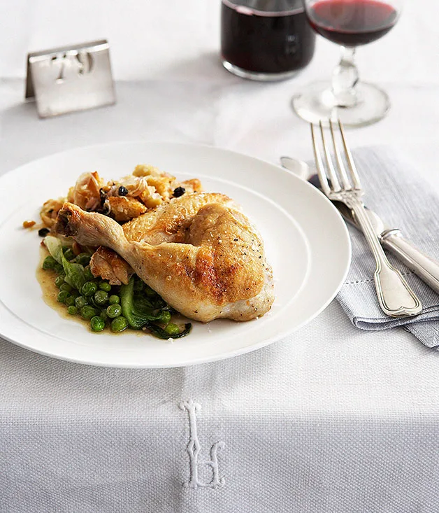 Roast chicken, bread salad, braised lettuce and peas