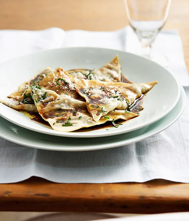 Beef cheek ravioli with mandarin mustard fruits