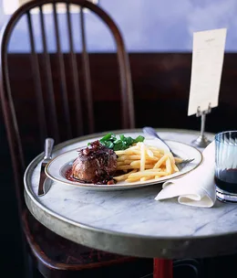 Steak with Bordelaise sauce, shoestring fries and watercress salad