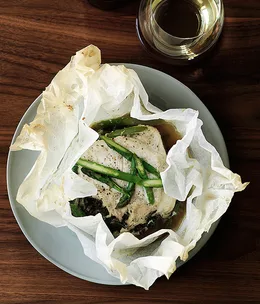 Cartoccio of skate, silverbeet, asparagus and mushroom duxelle