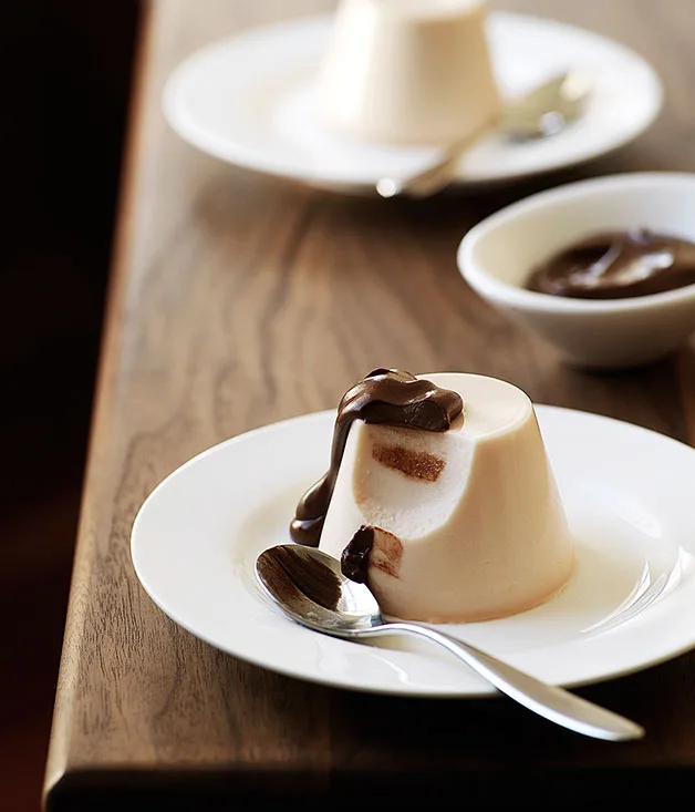 Blood orange and Campari panna cotta with chocolate sauce