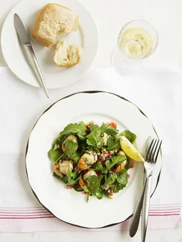 Pan-seared scallops with sage and rocket and Israeli salad