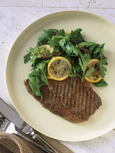 Char-grilled wagyu with parsley and fried lemon salad
