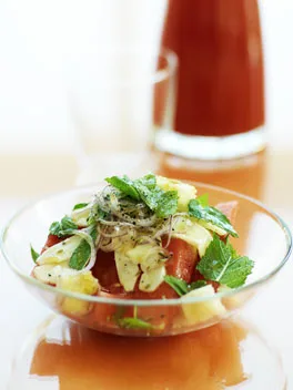 Watermelon, bread and haloumi salad