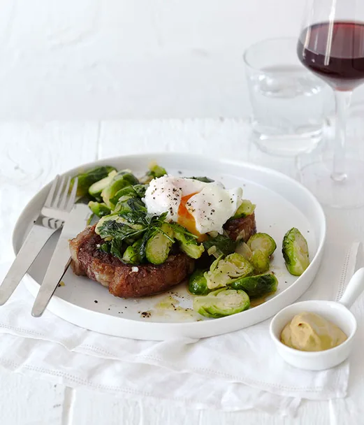 Steak and eggs with Brussels sprouts