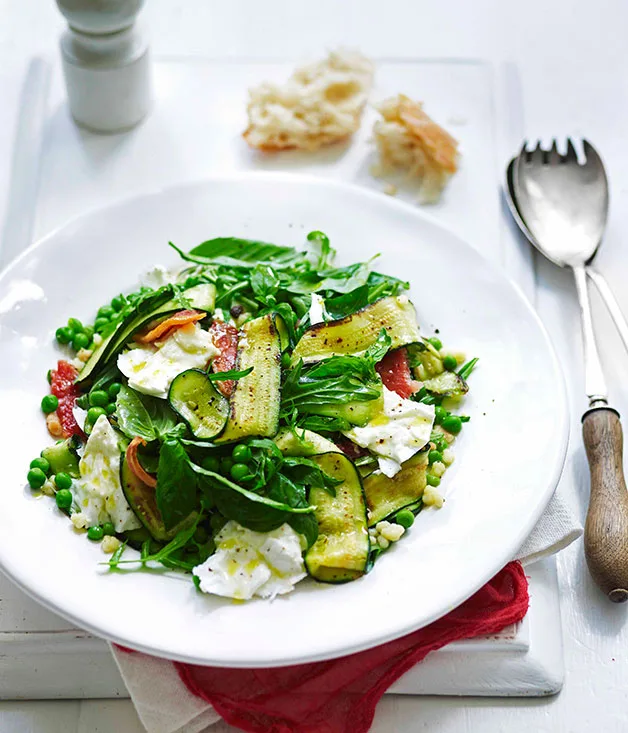 Zucchini, guanciale, mozzarella and fregola salad