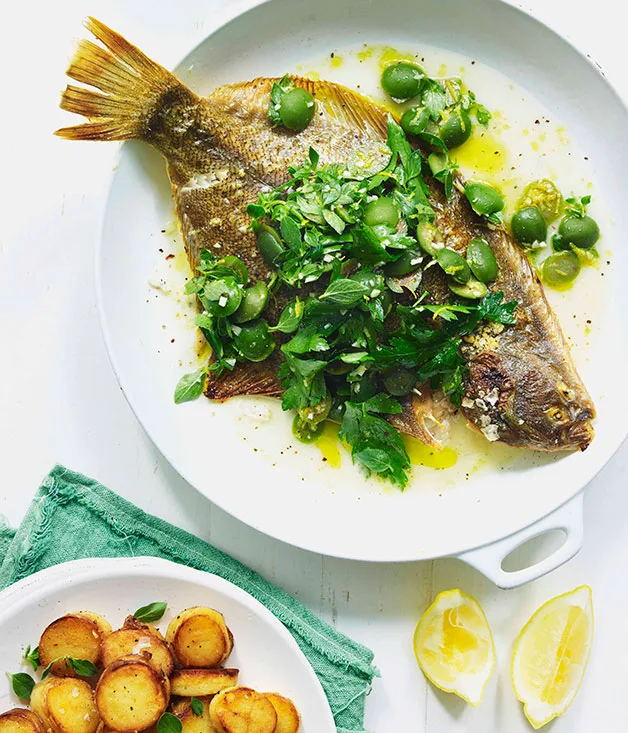 Pan-roasted flounder with oregano, Sicilian olives and golden potatoes