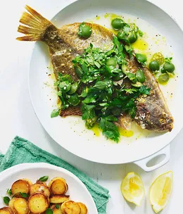 Pan-roasted flounder with oregano, Sicilian olives and golden potatoes