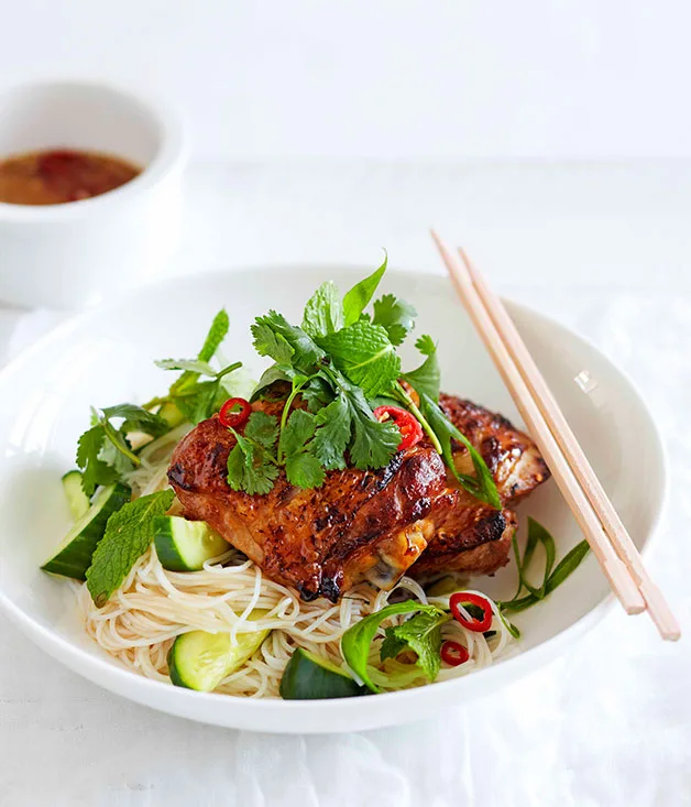 Lime leaf chicken with rice noodles and cucumber