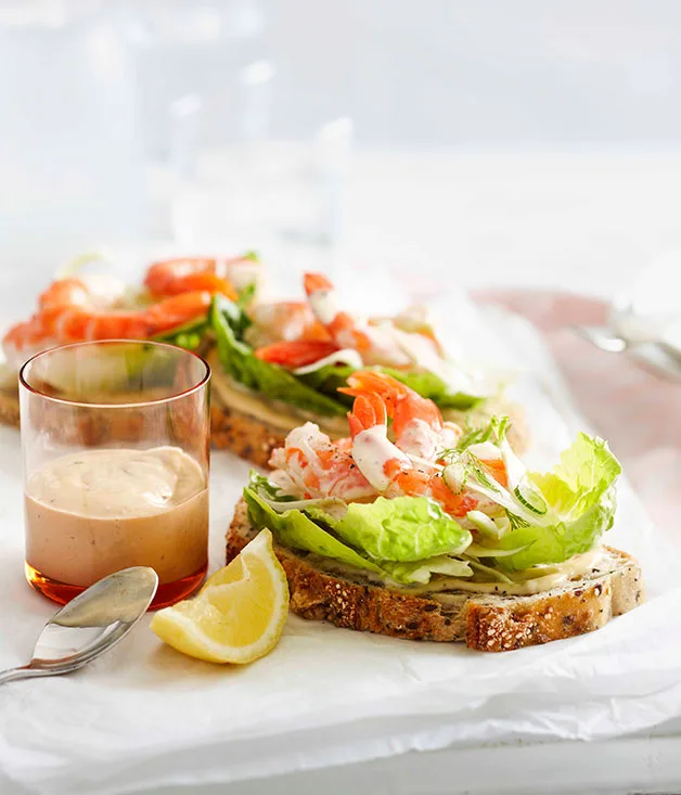 Open prawn sandwiches with anchovy mayonnaise