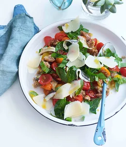 Bread and tomato salad with Pecorino Toscano and white anchovies