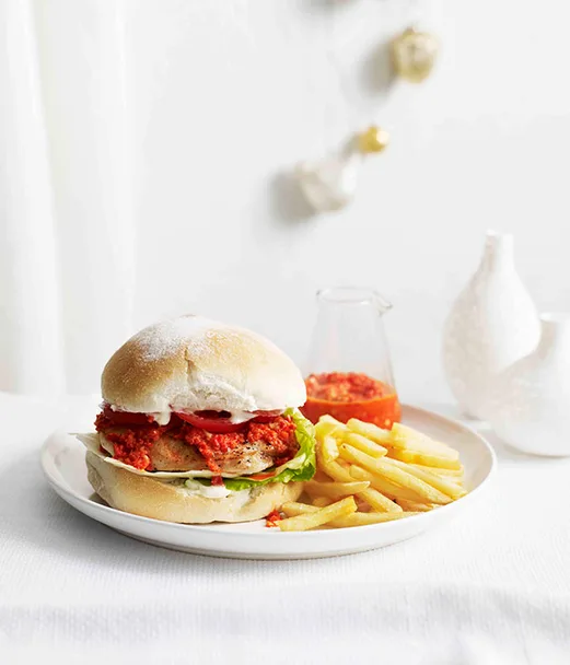 Chicken burger with chilli sauce