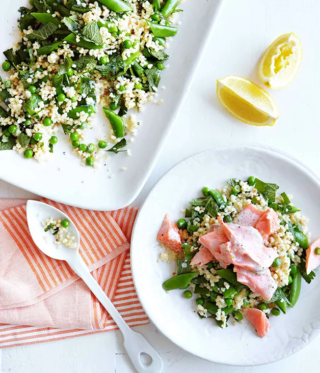 Roast ocean trout with peas, mint and fregola