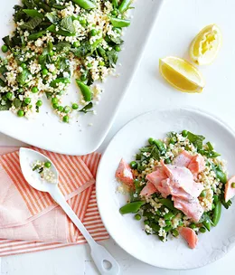Roast ocean trout with peas, mint and fregola