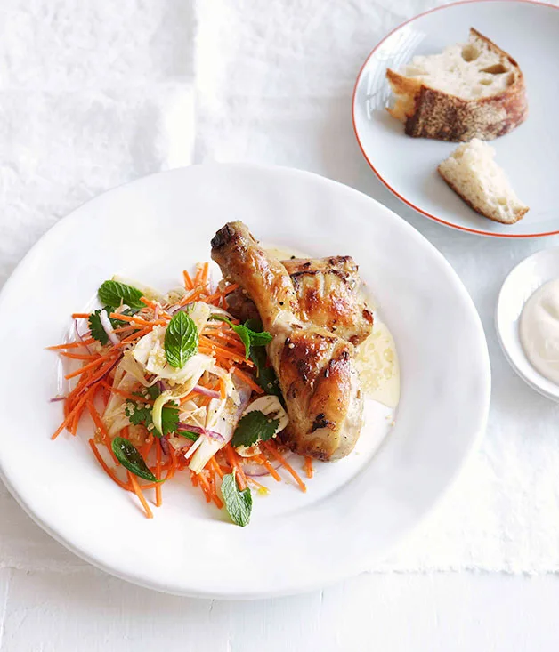 Yoghurt-roasted chicken with quinoa, carrot and fennel slaw