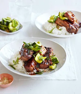 Hoisin pork spareribs with ginger-bruised cucumber