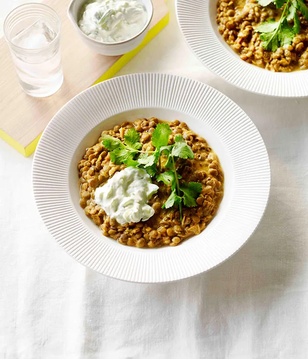 Coconut lentil dhal with cucumber yoghurt