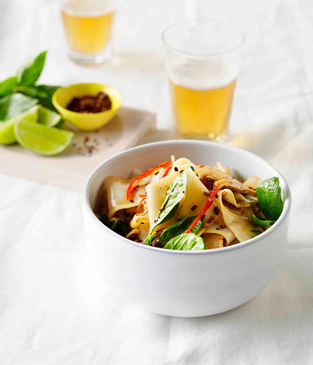 Drunken rice noodles with chicken, chilli and holy basil