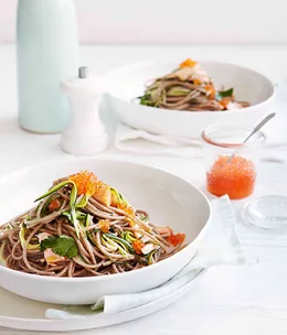 Smoked trout, zucchini and spelt spaghetti