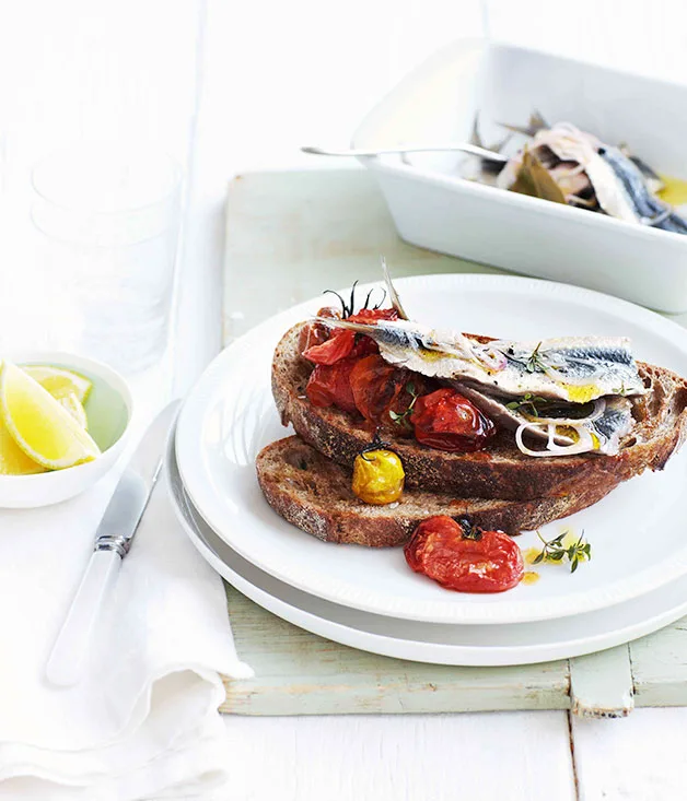 Quick-pickled sardines with crushed roast cherry tomatoes