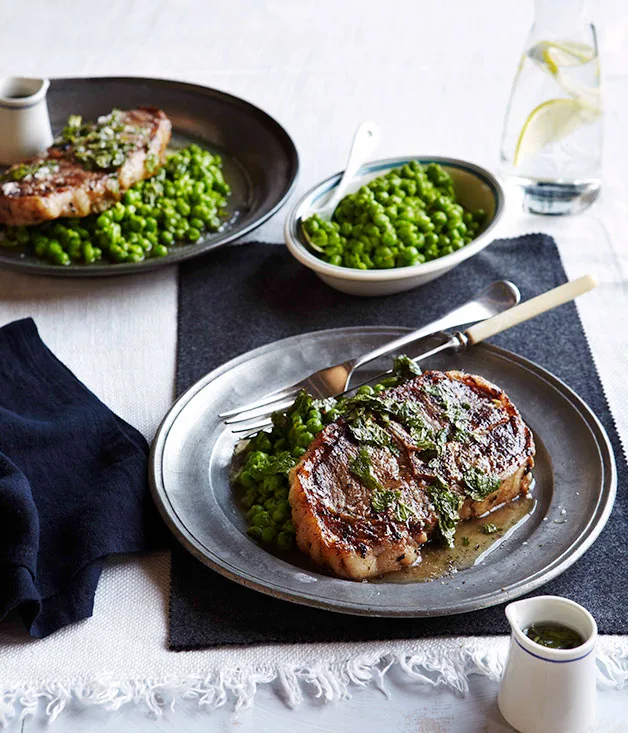 Grilled Barnsley chops with crushed peas and mint sauce