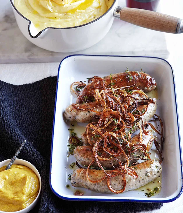 Bangers and mash with crisp onion and hot English mustard