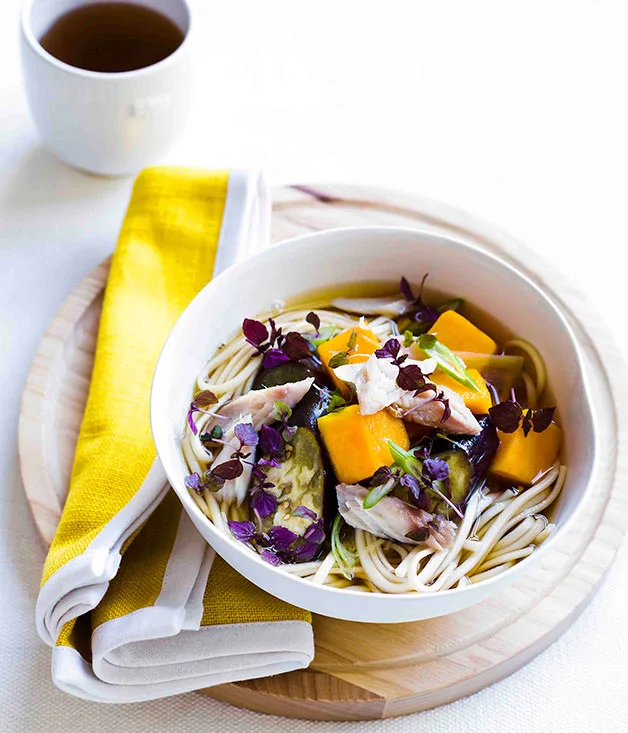 Udon with steamed eggplant and smoked mackerel