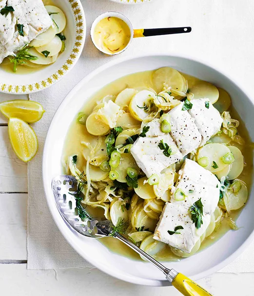 Blue-eye trevalla with potato, fennel and saffron aïoli