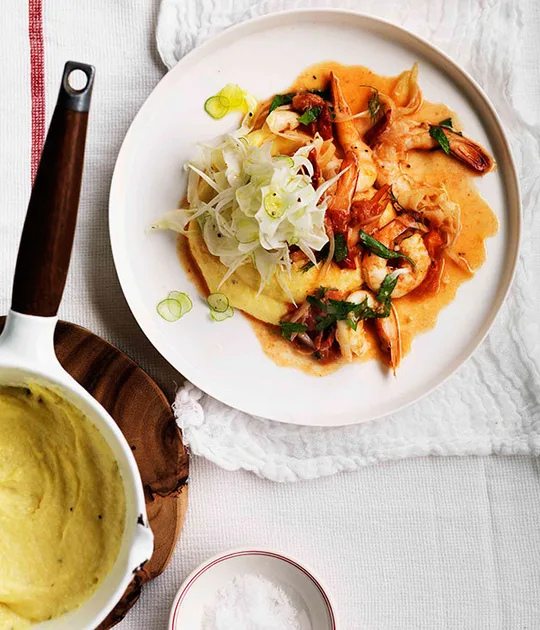 Prawns on soft polenta | Gourmet Traveller