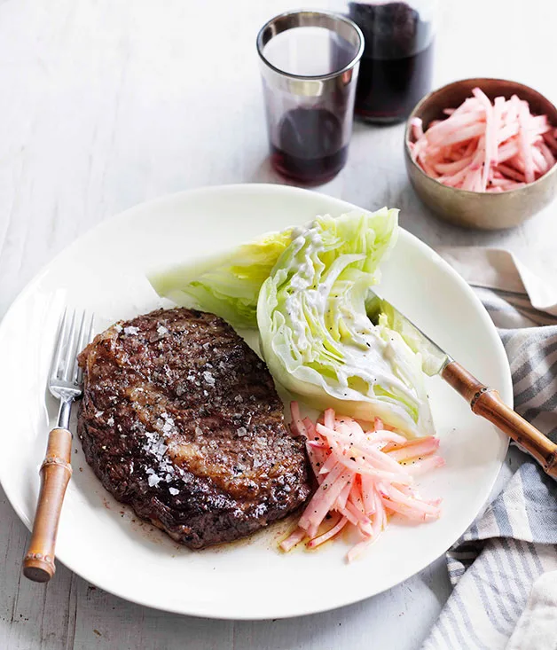 Char-grilled Scotch fillet with pickled kohlrabi and Roquefort dressing