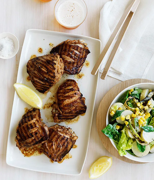 Char-grilled paprika chicken with potato, corn and cos salad