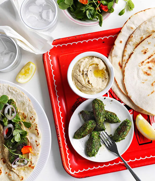 Pea falafel with hummus and flatbread