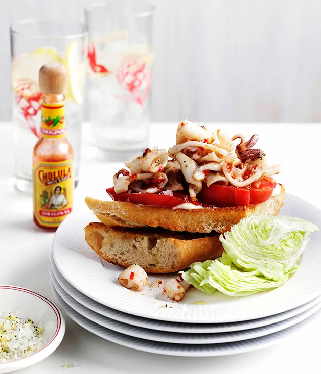 Calamari subs with hot-sauce mayonnaise